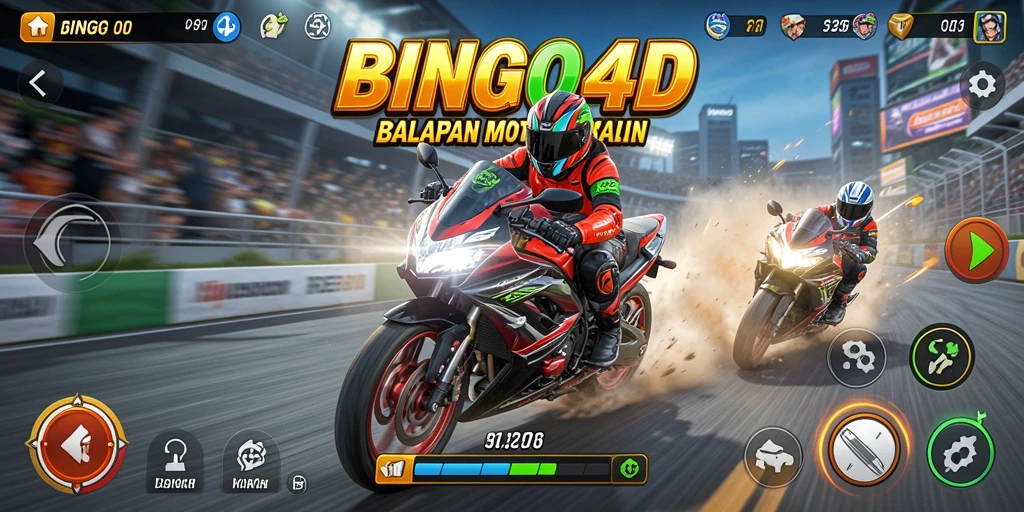 Tampilan gameplay BINGO4D yang seru dan mendebarkan dalam balapan motor.