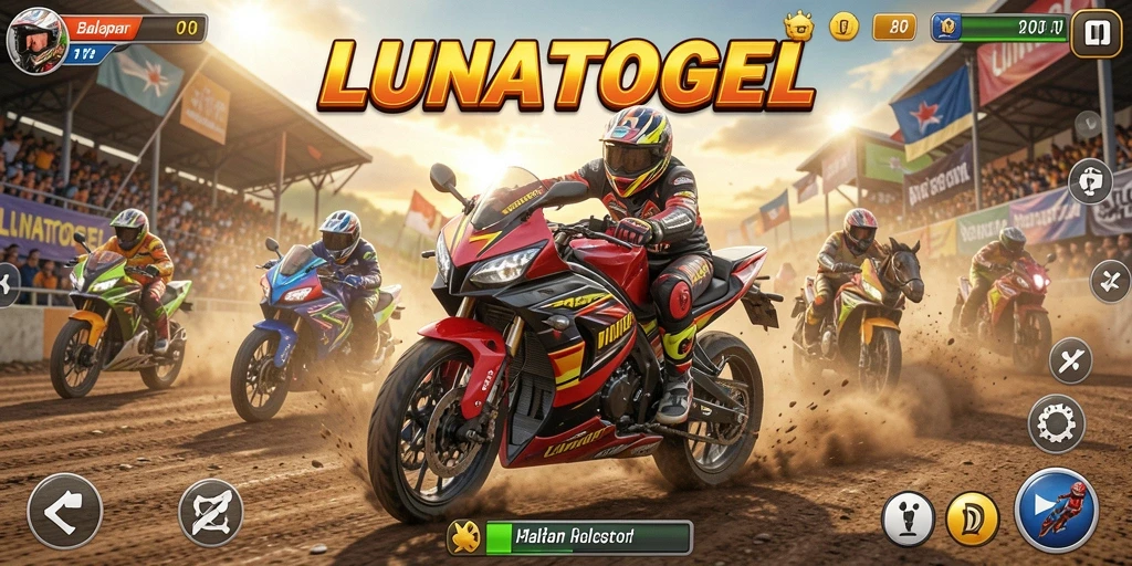 Gameplay LUNATOGEL menampilkan aksi balapan motor yang seru.