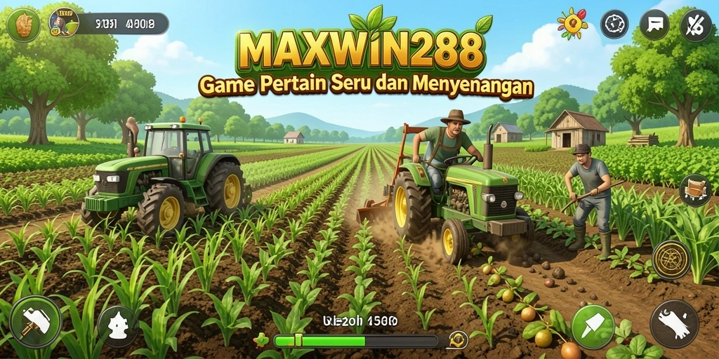 Tangkapan layar utama <strong>MAXWIN288</strong> menampilkan pengguna yang bercocok tanam dengan grafik yang menarik.