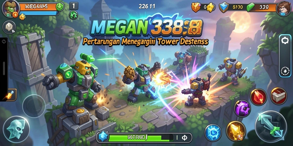 Screenshot gameplay MEGA338 yang menampilkan pertempuran Tower Defense mendebarkan.