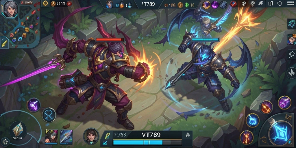 Screenshot gameplay VT789 menampilkan pertarungan epik dalam arena MOBA.