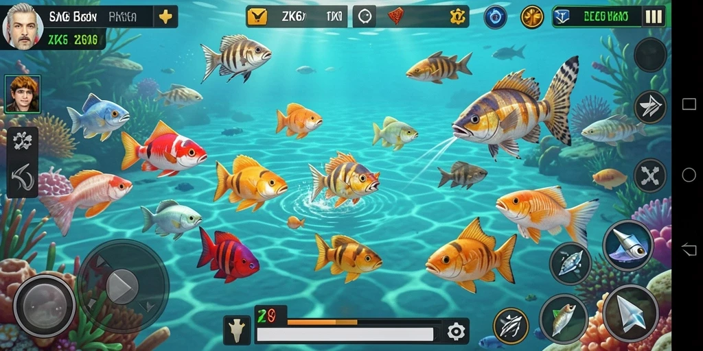 Tangkapan layar gameplay <strong>ZK6</strong> menunjukkan aksi menembak ikan yang seru.